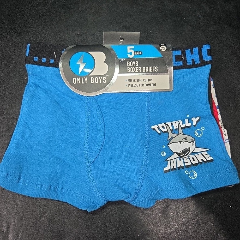 Only Boys 5 Pack Boxer Briefs Shark Prints Stripes Blue Red‎ Black XS 4/5 NEW